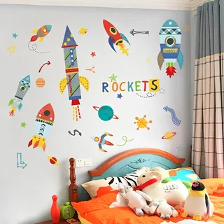 WandSticker4U®- XXL Wandtattoo RAKETE Kinder I Wandbilder: 85x140 cm I Wandsticker Kinderzimmer Junge Weltraum Weltall Planeten Aufkleber Sternen Raumschiff bunt I Wand Deko für Jungenzimmer