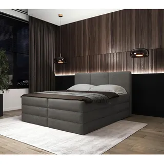 Mid.you Boxspringbett , Anthrazit , Holz, Textil, Holzwerkstoff , H2 + H3 , Höhe ca. 19 cm , 160x200 cm , Bettkasten, gepolstertes Kopfteil, Topper durchgehend, Wendematratze mit unterschiedlichen Härtegraden, Matratze geteilt , Holzmöbel, Holzbetten, Boxspringbetten Holz