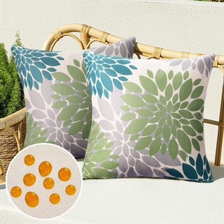 Kissenbezug 40x40 Frühling Moderne Outdoor Kissen Sofakissen Kissenhülle Kissenbezüge Wasserdicht Leinen Sommer Grün und Blau Dahlie Blume für Wohnzimmer Schlafzimmer Sofa Garten Terrasse Deko,2er Set