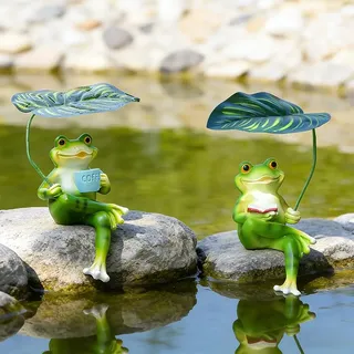 2 Stück Gartendeko Frosch, Frosch Miniteich Deko, Gartenfiguren für Draußen Wetterfest, Harz Frosch Statue Garten, Teichdeko Miniteich, Kantenhocker Figuren für Blumentopf Gartenteich Teichdeko Balkon