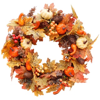 Künstlicher Herbstkranz, Dekorationen für die Haustür mit Ahornblatt, Ernte Haustürkranz mit Kürbis, Eichel, Beeren, Halloween-Kranz, Outdoor-Ornamente für Zuhause