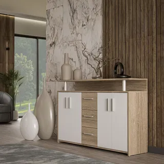 Forte SINCRONO Sideboard 130, modernes Sideboard mit Ablage-Aufsatz, 4-türig, 3 Schubladen, Wohnzimmer, Flur, Holzwerkstoff, Weiß mit Sonoma Eiche Holzdekor, 132 cm breit x 88,5 cm hoch x 34,8 cm tief