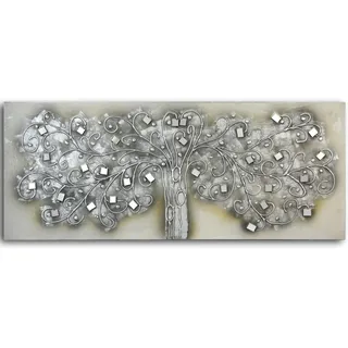 DRW Holzbild mit Baum in Silber und Spiegeln, 150 x 60 x 3,5 cm