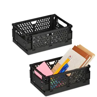 Relaxdays Klappbox im 2er Set kleiner Aufbewahrungskorb faltbar & stapelbar 10 x 25 x 26,5 cm Schwarz