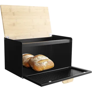 Navaris Brotkasten Metall Groß Schwarz - Brotbox Küche mit Bambus Deckel - Praktische Aufbewahrung Brot - Brotaufbewahrungsbox - Bread Box - Brotkiste - Brotaufbewahrung modern