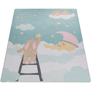 Paco Home Kinderteppich »Chicos 563« rechteckig 4 mm Höhe Flachgewebe, Spielteppich, Motiv Mond, Kinderzimmer, blau