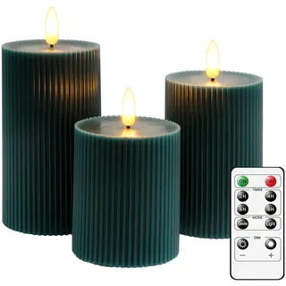 CiimWaa LED Kerzen 3er Set, Stumpenkerzen aus Echtwachs Batteriebetrieben | Flammenlose LED-Kerzen mit Timerfunktion und Fernbedienung, Flackernde Flamme, Dekorationfür Weihnachten, Hochzeit Grün
