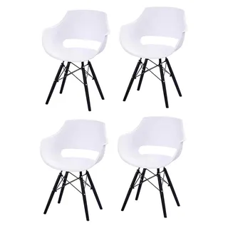 4er Set Schalenstuhl Lea, Weiß, ergonomisch geformte Sitzschale aus Kunststoff, bequemer Esszimmerstuhl im Retro-Design, schwarzes Holzgestell