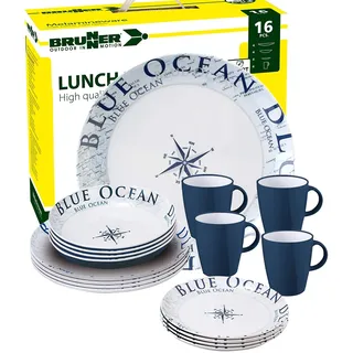 BRUNNER Melamin-Geschirr Campinggeschirr (16 Teilig) BLUE OCEAN LUNCH BOX | Antislip (Antirutsch), 4 Personen, Leicht, Bruchfest, Teller & Kaffe-Becher, Wohnmobil Wohnwagen & Boot & Grill + Picknick