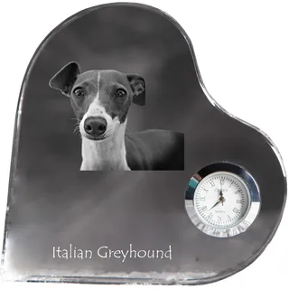 Italienisches Windspiel, Italian Greyhound - Kristalluhr mit einem Hundebild, Herzregal-Uhr, personalisierte Standuhr der Marke Art-Dog - Transparent