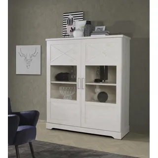 Forte ROCKHAMPTON Vitrine mit 2 Türen im Landhausstil, Standvitrine, Vitrinenschrank, Wohnzimmervitrine, Holzwerkstoff, Pinie Weiß Holzdekor, 133,2 cm breit x 151,8 cm hoch x 42 cm tief