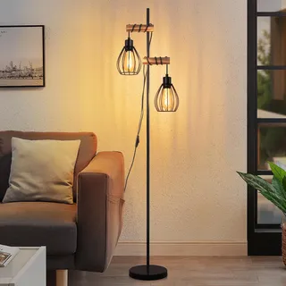 ZMH Stehlampe Wohnzimmer Vintage Stehleuchte Schwarz: Holz Standleuchte Metall Industrial E27 Standlampe 2 flammig mit Käfig Lampenschirm Retro Bettlampe für Schlafzimmer 152CM (ohne Leuchtmittel)