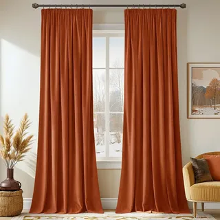 MIULEE Samtvorhang mit Kräuselband 2er Set 140X260 cm, Schöne Dicke und Schwere Wohnzimmer Schlafzimmer Deko Blickdichte Vorhänge, Orange-rot Samt Gardinen Verdunkelung Thermovorhang Samt kräuselband