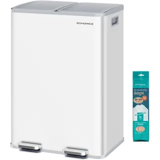Mülleimer Küche, 2 x 30 Liter, 2 Fächer, Abfalleimer, Tretmülleimer, Softclose-Deckel, Stahl, mattweiß - Weiß