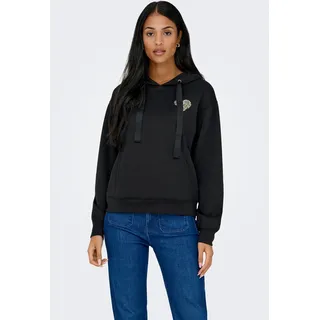 Kapuzensweatshirt ONLY "ONLALINA LIFE L/S PRINT HOOD SWT", Damen, Gr. XS, schwarz print:wild, Sweatware, Obermaterial: 93% Polyester, 7% Elasthan, bedruckt, regular fit, Rippbündchen, Sweatshirts Kapuzensweatshirt
