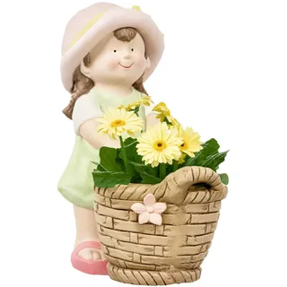 Outsunny Gartenfigur Mädchen mit Blumentopf, Wetterbeständige Gartenstatue, Pflanzentopf-Ornament, Gartendeko, Skulptur für Heimdekoration, Garten, Hof