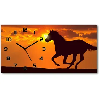 Wanduhr aus Glas – 60x30 cm - Glasbild - Glasuhr - Gehärtetes Glas - schwarze-zeiger - Sunset Pferd