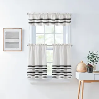 Curtainworks Boho-Küchenvorhänge, Etagen- und Volant-Set, 3-teilig, Lichtfilterung, global gewebt, gestreift, 28 W x 36 L, 1 Paar, 142 x 36 cm, Volant, weiß-schwarz gestreift