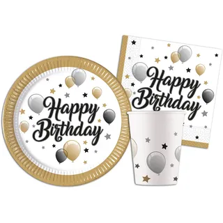 Ciao AZ126 Partygeschirr Party-Set (Pappteller, Bucher, Servietten), Einfarbig, Weiß, Gold, Silber, Schwarz, 8 Personen