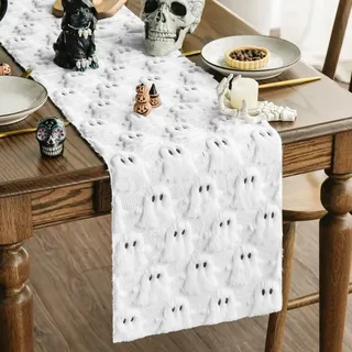 Artoid Mode Weich Plüsch Samt Faux Pelz Jacquard Weiß Geist Halloween Tischläufer, Küche Tisch Dekoration Drinnen Urlaub Party Dekor 33x230 cm