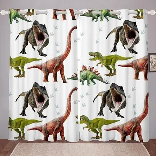 Loussiesd Dinosaurier Fenstervorhang Schlafzimmer 175x140cm Kinder Jungen Dino drucken Blickdichte Vorhänge Dekorde Karikatur Dinosaurier Vorstehen Tiere Thema Mädchen Jugendliche Vorhang 2er Set