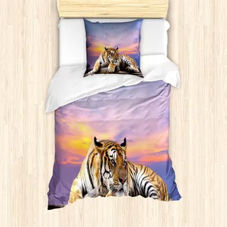 ABAKUHAUS Safari Mantele, Tiger Bunte Sonnenuntergang, Milbensicher Allergiker geeignet mit Kissenbezügen, 135 cm x 200 cm - 80 x 80 cm, Lavendel Senf - Bunt