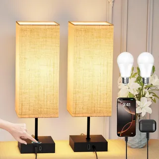 Miootly Nachttischlampe Set 2 Stück - Tischlampe Touch mit 3 Farbtemperaturen & Dimmbar, USB Anschluss, inkl. 2 Birnen (mit EU-Stecker)