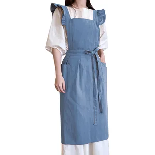Small snail Frauen Retro Baumwolle Schürze Solide Farbe Japanisch Stil Rüschen Schurz mit Groß Taschen Kreuz Rücken Schürzen Blume Laden Cafe Backen Beiläufig Schürze(Blau)
