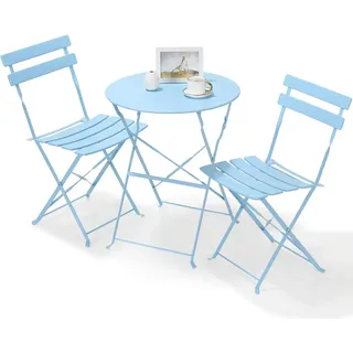 Gartenmöbel - Bistro-Set 3-teilig - Klappbar, Metall (Eisen), Für 2 Personen, Balkon/Terrasse/Garten, Tisch 60 x 60 x 72 cm - Himmelblau