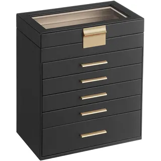 SONGMICS Schmuckkästchen, Schmuckkasten mit 6 Ebenen, Schmuckbox mit Glasdeckel, 5 Schubladen, für Sonnenbrillen, große Schmuckstücke, Schmuckaufbewahrung, modern, graphitschwarz-golden JBC171B01