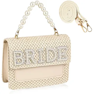 TRIXES BRAUT Strohhandtasche mit Perlen- und Strassverzierung und Besatz aus veganem Leder – Geschenke für die zukünftige Braut für den Junggesellinnenabschied