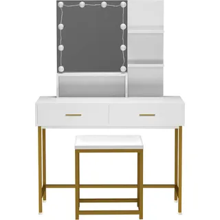 HOME DELUXE - Schminktisch KASIA - Farbe: Weiß, Gestell: Gold - 145 x 100 x 40 cm, 10 LED ́s wählbar zwischen 3 Lichtfarben, steuerbar über Touchbutton I Kosmetiktisch Make UP Tisch - Weiß, Gold