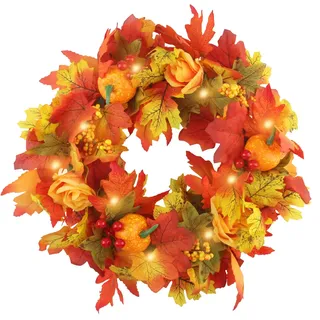 XIAQICA Türkranz Herbst 45CM Künstlicher Herbstkranz Haustür mit Ahornblätter, Kürbisse, Blumen, Beeren, Simulierter Kranz Deko Kürbis Herbstgirlande Thanksgiving Halloween Weihnachten Herbstdeko