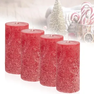 Candelo 4er Set Kerzen Ambiente Rustic Stumpenkerzen - Rot - große Rustik Kerze 12cm - lange Brenndauer ca. 54 Stunden Weihnachtskerzen Adventskranz Unparfümiert