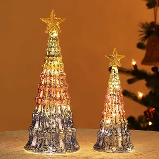 Lewondr Glas-Weihnachtsbaum 2 Stück, Tisch-Quecksilber-Bäumchen mit Lichtern, Eingebaute Batteriebetrieben Weihnachts-Tischlampen Ornament für Tisch-Kamin-Weihnachtsdekoration, lila & Blau & Gelb