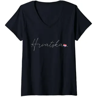 Damen Hrvatska Liebe Kroatische Flagge und Herz auf Kroatien T-Shirt mit V-Ausschnitt, Schwarz, S