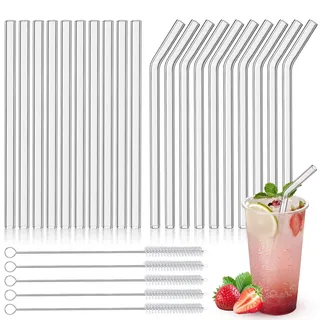 Glas Strohhalm, Glasstrohhalme Lang, Trinkhalme Wiederverwendbar, Glas Trinkhalme mit 5 Reinigungsbürsten, für Cocktail Gläser, Bubble Tea, Smoothie und Säfte
