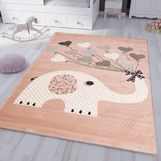 Vimoda Kinderteppiche Herzen mit Ballons Elefant | Kinderteppich für Mädchen und Jungs | Teppich für Kinderzimmer | Schadstofffrei, Maße:80x150 cm
