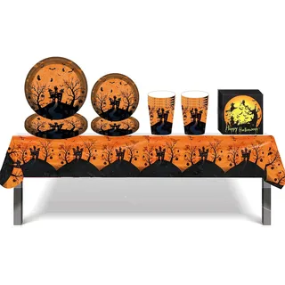 Servietten Pappteller Pappbecher Tischdecke Partygeschirr Set für 16 Gäste,Orange Deko Halloween Party Geburtstag Geschirrset Tisch Dekoration Tischdeko Zubehör,für Camping,Picknick,Halloween