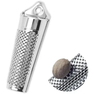 Muskatreibe mit Behälter und Muskatnüssen, Edelstahl Silber Muskatnuss Reibe, Zitronenreibemit Grater Vorratsfach zur Aufbewahrung von Muskatnüssen, Länge: 14 cm