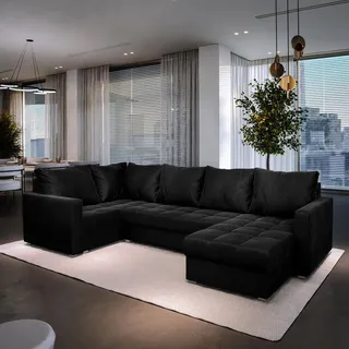 masseno Ecksofa LORIVO L-S mit Schlaffunktion U-Form, Sofa mit Bettkasten, Wohnzimmersofa, Couch, Soffa, Bettsofa, Couchgarnitur- Schwarz, KRONOS 07 - Schwarz