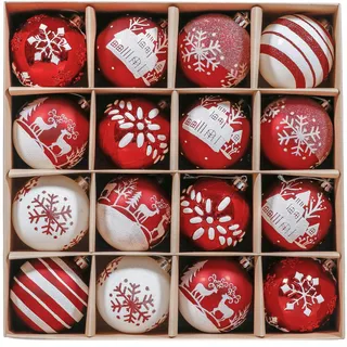 Valery Madelyn Weihnachtskugeln 16 Stücke 6CM Kunststoff Christbaumkugeln Weihnachtsdeko mit Aufhänger Weihnachtsbaumschmuck für Weihnachtsdekoration Traditionelles Thema Rot Weiß(M)