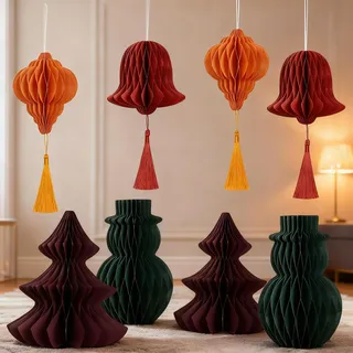 SUNBEAUTY 8 Stück Weihnachtsbaum Deko Grün Papier Ornamente Rot mit Quasten 3D Papier Weihnachtsbaum Papierwaben Tischdeko Weihnachten Wiederverwendbar Christmas Tree Decorations