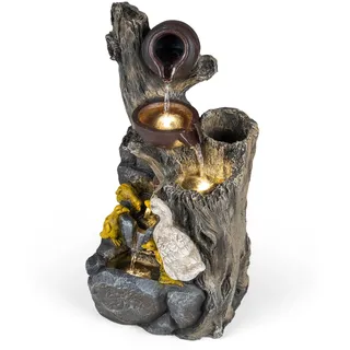 HOMASIS Gartenbrunnen, 57 cm Terrassenbrunnen mit LED-Beleuchtung | Springbrunnen wetterfest aus Kunstharz mit Pumpe, Wasserbrunnen mit Teekannen, Steinoptik & Enten für Garten & Terrasse
