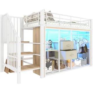 Okwish Hochbett 90/200 cm Weiß mit 2 Schubladen und mehrfarbiger LED-Beleuchtung , Metall , 90x200 cm , Babymöbel & Kindermöbel, Kinderzimmer & Jugendzimmer, Kinderbetten, Hochbetten