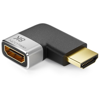 deleyCON HDMI Adapter Kupplung Verbinder 8K@60Hz / 4K@120Hz UHD 7680x4320 Aluminium HDMI 2.1 ARC HDR10+ Dolby Vision VRR ALLM 48Gbps Links Gewinkelt Grau Schwarz