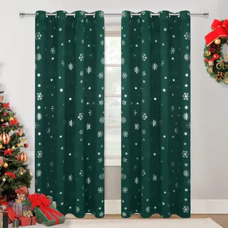FRAMICS Schneeflocke Foliendruck Weihnachtsvorhänge, Thermisch isolierte Verdunkelungsvorhänge für Wohnzimmer und Schlafzimmer, Weihnachten Ösen Fenstervorhänge, Vorhänge, Grün, 2er-Set Paneele