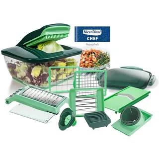 Genius Nicer Dicer Chef (15 teilig) Gemüseschneider, gross mit Schüssel aus der TV Werbung Slicer Dicer - Obstschneider-Set Gemueseschneider Zerkleinerer Wuerfelschneider Gemüse-hobel Salat-schneider