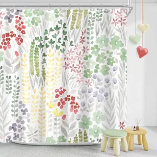 MAYZUS Duschvorhang mit niedlichem Blumenmuster, 152 x 183 cm, Salbeigrün, Boho-Blumen-Duschvorhang-Set, flippiges Aquarell-Wildblumen-Duschvorhang-Set, Cottagecore Bohemian-Badezimmer-Dekor