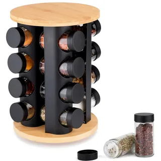 EliteHoff Gewürzkarussell Drehbar – Gewürzregal Schwarz mit Bambus (16 Gewürzdosen)